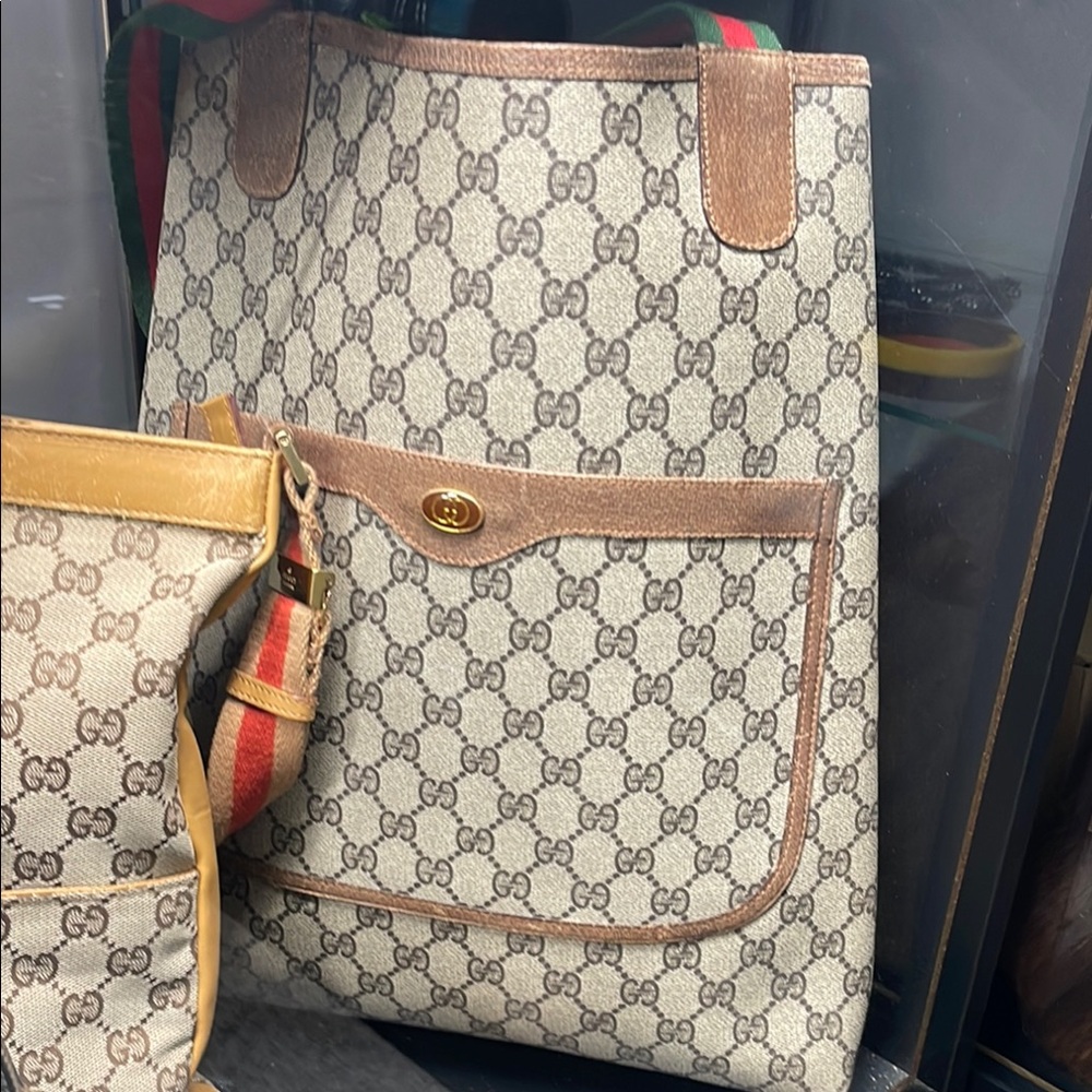 🔥SOLD!!!🔥 Gucci Beige and Brown Monogram Long Tote Shoulder Bag